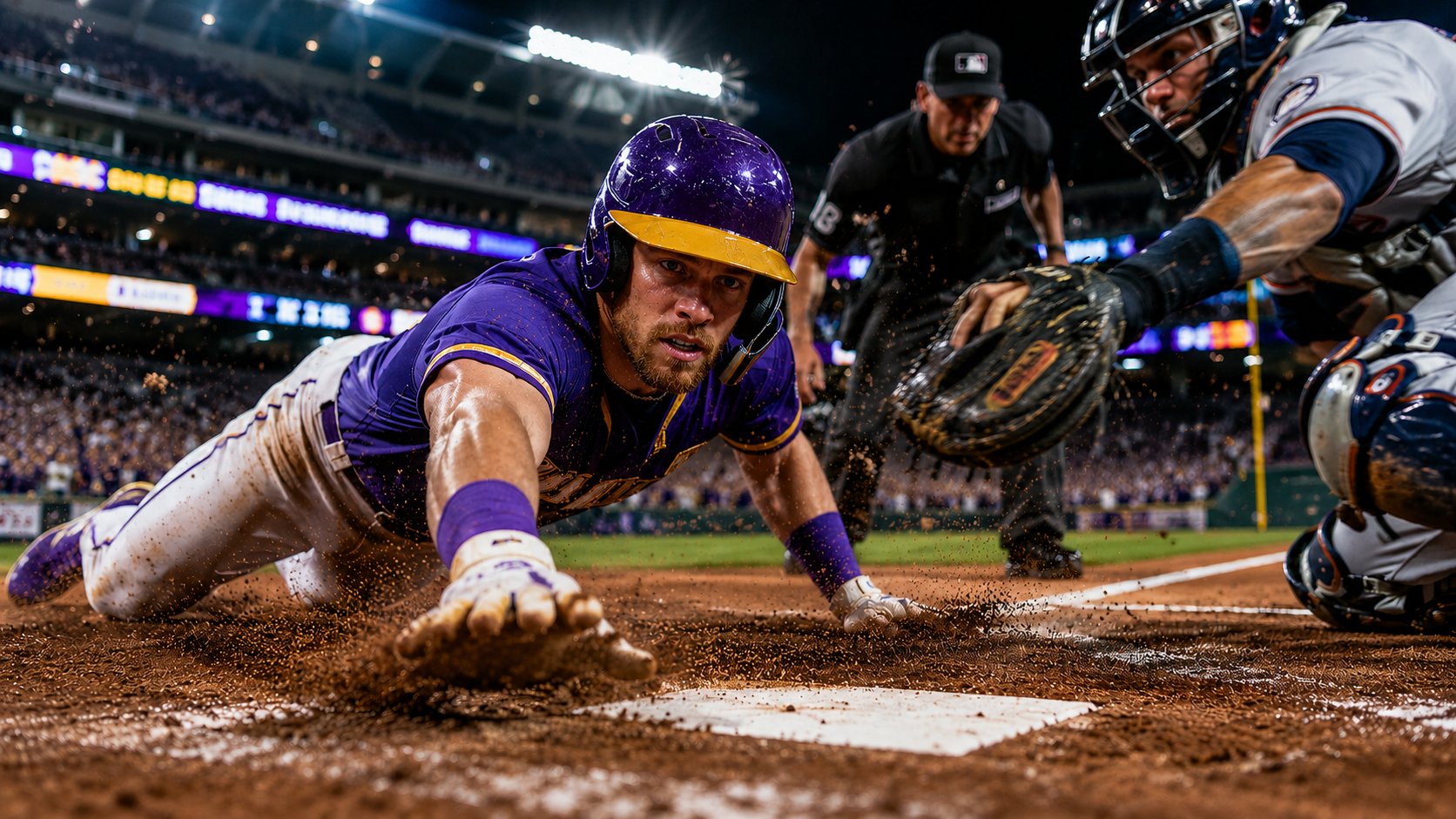 Baseball player sliding into home plate