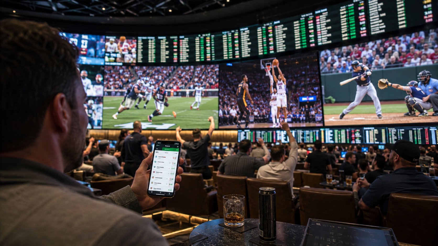 Sportsbook interior with large screens and fans